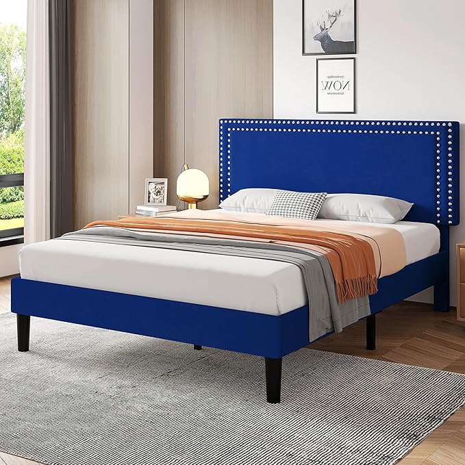 VECELO Full Size Bed Frame with Adjustable Upholstered Headboard, Wooden Slats Platform, Noise-Free Design, Easy Assembly
