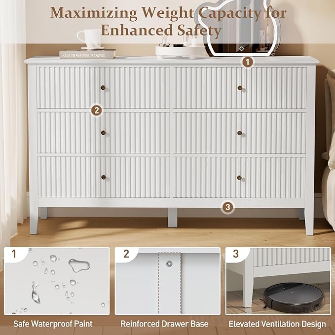 RoyalCraft White Dresser for Bedroom with 9 Drawers, Fluted Painted Wood Chest of Drawers, Modern TV Stand Storage Cabinet for Living Room, Hallway