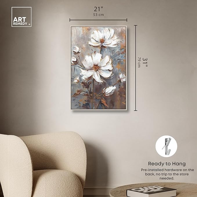 Art Remedy White Textured Flowers Canvas Elegant Floral Wall Art, Silver Frame, 20" x 30"