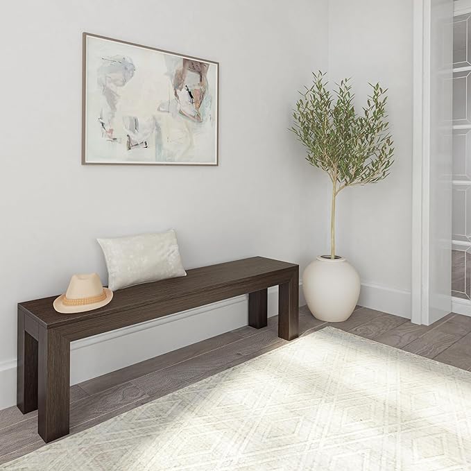 Plank+Beam 60 Inch Dining Bench for Dining Room, Table, and Entryway - Solid Wood, Walnut Wirebrush Finish