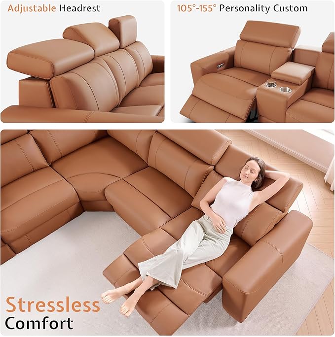 AMERLIFE Power Recliner Sectional Sofa with Storage/USB Port, Leather Recliner Sofa with Adjustable Headrest, Reclining Sectional Couches with Console and Cup Holder for Living Room (Brown, 5-Seater)