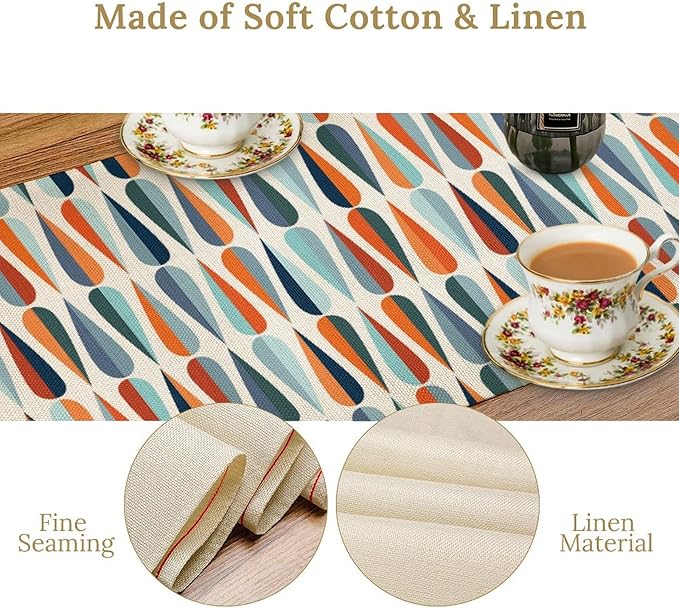 Modern Mid Century Table Runne Retro Blue Orange Grey Water Droplets Geometric Table Runner for Kitchen Dining Room Dining Table Decoration 13x108in
