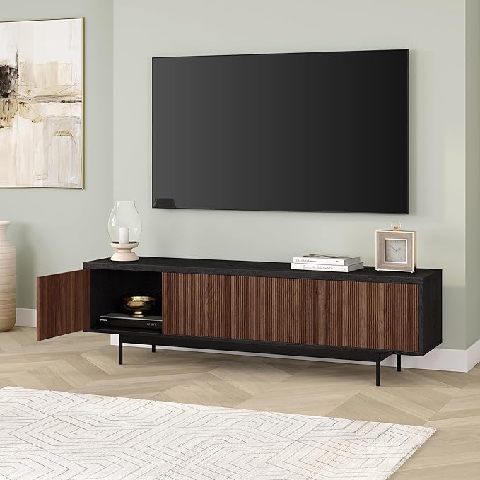Henn&Hart Fluted TV Stand for TVs up to 75" with 2 Open-Concept Ribbed Storage Cabinets for Living Room, Family Room, or Office, Natural/Medium Walnut