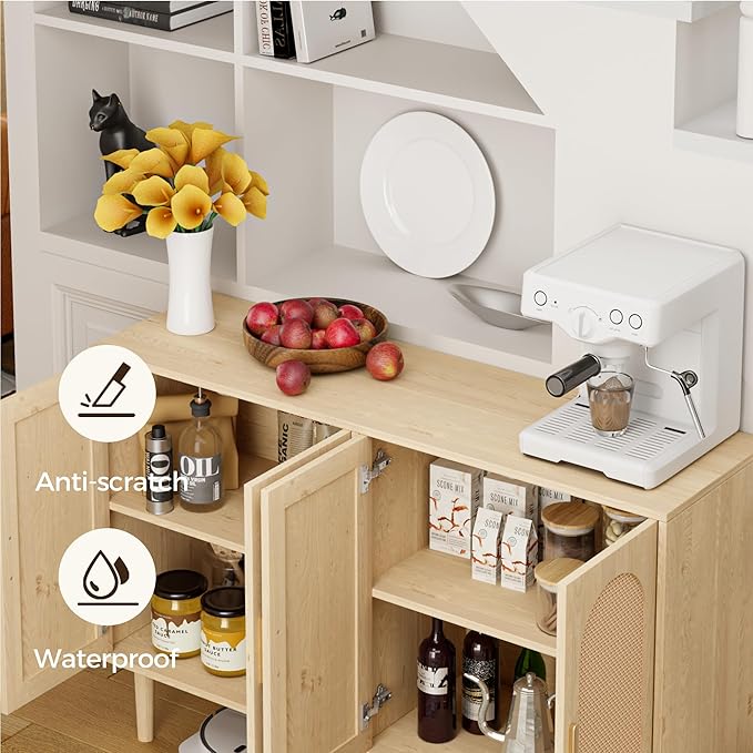 Modern Rattan-Door Sideboard Cabinet – 4-Door Credenza Buffet with Ample Storage, Large Accent Cabinet for Entryway, Living Room, Dining Room & Kitchen, Natural