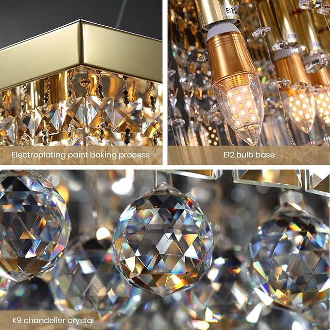 7PM Rectangle K9 Crystal Chandelier Modern Gold Crystal Chandelier Rectangular Pendant Lighting Fixture for Dining Room Kitchen Island Bedroom L47'' x W10'' x H10''