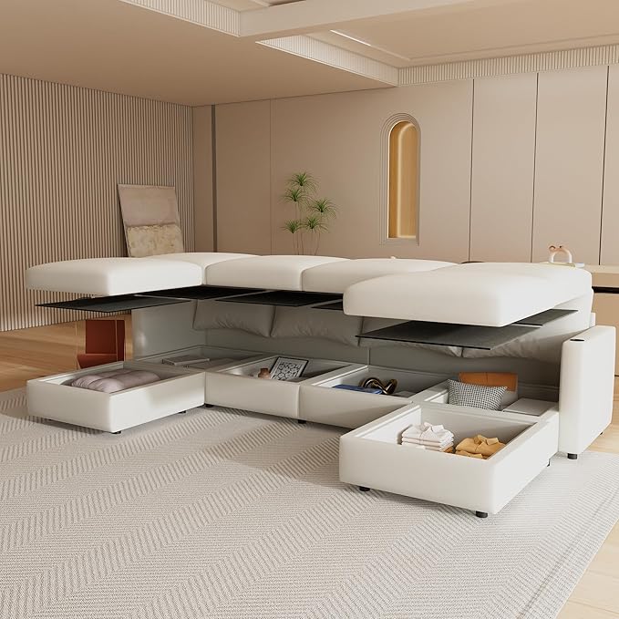 Ball & Cast 123" Large Sleeper Sectional Sofa Bed with Full Storage Seats,Corner Spacious Cloud Sofa W/Ottoman,Flexible Combination,Oversize 6 Piece Cozy Modular Chaise for LivingRoom,White Chenille