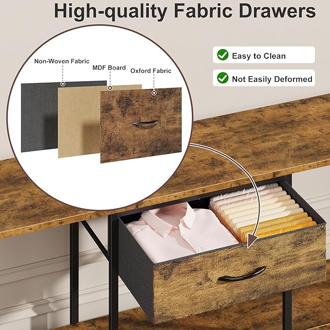 GYIIYUO LED TV Stand for 65 60 55 Inch TV, Entertainment Center with Power Outlet and Fabric Drawers, Industrial TV Console Table for Living Room Bedroom, 55" Rustic Brown