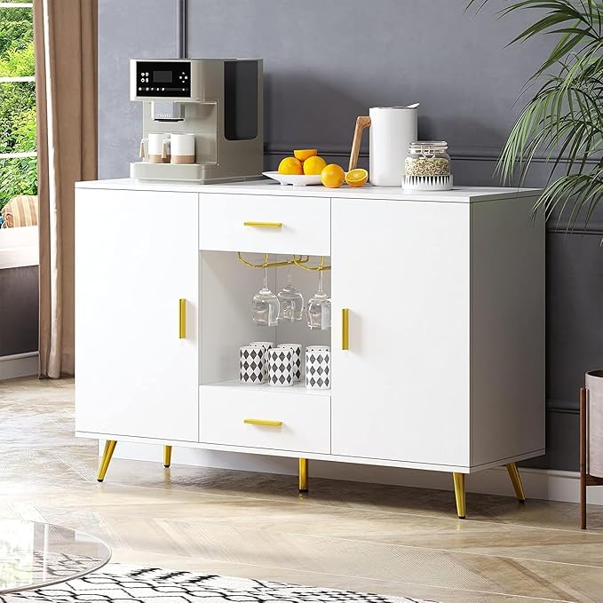 YITAHOME Sideboard Buffet, Buffet Cabinet Storage Credenza w/Adjustable Shelf, Wine Glass Holder, Drawers, Modern White & Gold Dresser 300 lbs Capacity for Living Room, Kitchen, Dining Room