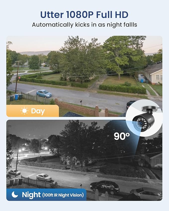 ZOSI 5MP 3K Lite CCTV Security Camera System with AI Human Vehicle Detection, 8CH H.265+ DVR and 4 x 1080p Surveillance Bullet Cameras Outdoor Indoor, 100ft Night Vision, IP66 Weatherproof, 1TB HDD