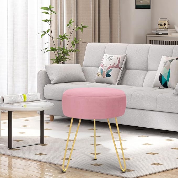 Velvet Soft Modern Vanity Stool -Round Footrest Stool Ottoman Side Table Seat Dressing with Golden Metal Leg and Sponge Filling,Upholstered Foot Rest, for Living Room and Bedroom Pink