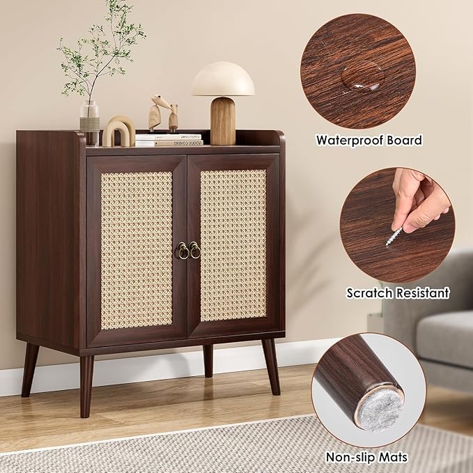 Sideboard Buffet Cabinet with Storage, Rustic Bar Liquor Cabinet with Boho Rattan Decorated Doors, Retro Credenza Console Table for Dining Room Living Room Hallway EntryWay, Walnut