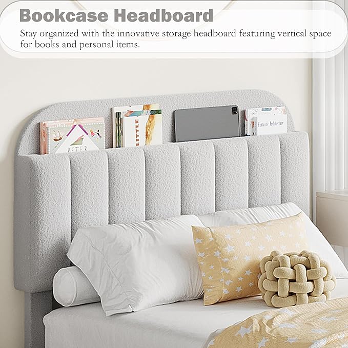 IDEALHOUSE Twin Bed Frame for Kids, Boucle Upholstered Platform Bed for Boys/Girls with 2 Flexible Drawers, Bookcase Headboard, Noise-Free, Easy Assembly, No Box Spring Needed, Gray