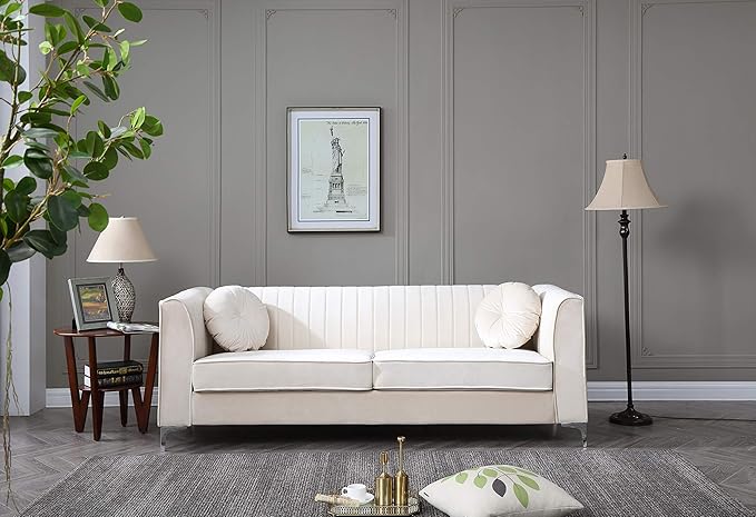 Glory Furniture Delray Velvet Upholstered Sofa in Ivory/Chrome Legs