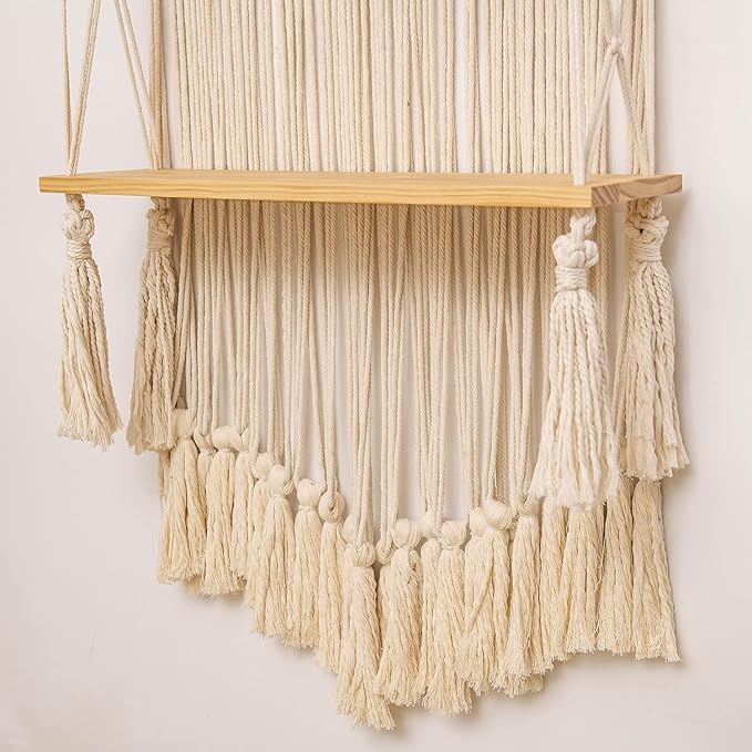 jontell Macrame Wall Hanging Shelf- Macrame Shelves Handmade Decorative Floating Boho Shelf-Plant Shelf Display Rack to Organize and Decor for Living Room, Bedroom, Bathroom…