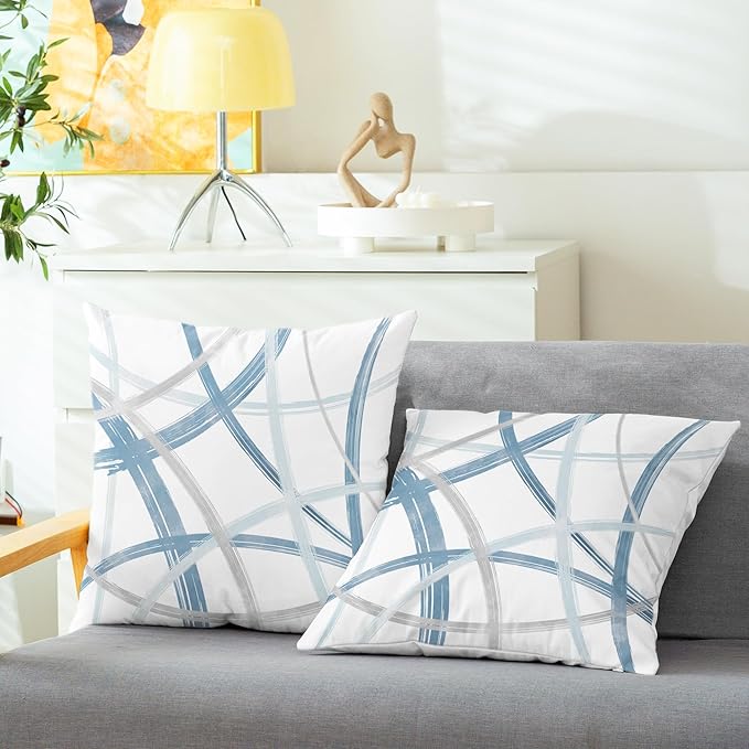 CaliTime Throw Pillow Cases Pack of 2 Cozy Fleece Arc-Shaped Abstract Geometric Lines Decorative Cushion Covers for Couch Bed Sofa Farmhouse Decoration 20 X 20 Inches Light Blue Grey