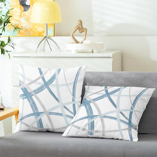 CaliTime Throw Pillow Cases Pack of 2 Cozy Fleece Arc-Shaped Abstract Geometric Lines Decorative Cushion Covers for Couch Bed Sofa Farmhouse Decoration 22 X 22 Inches Light Blue Grey
