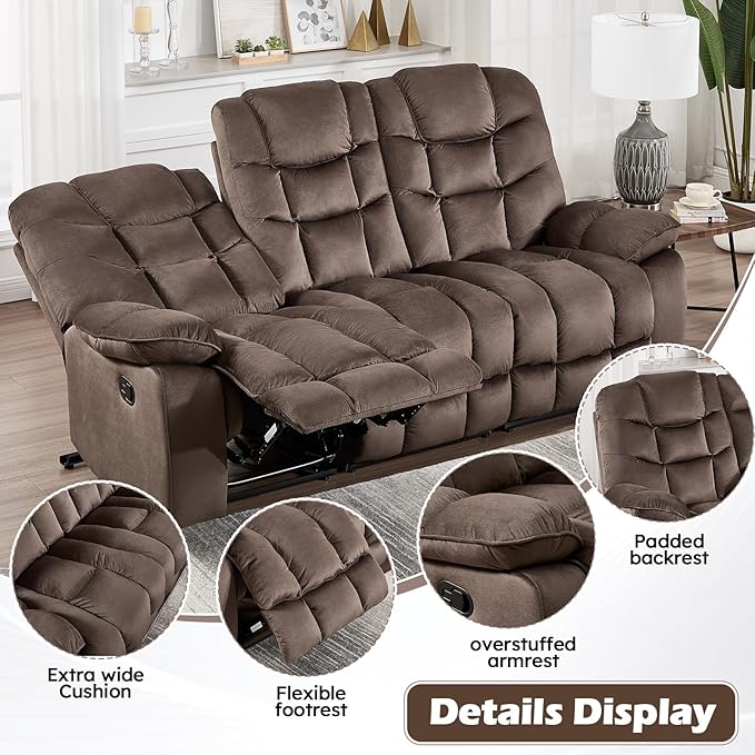 HAOMARKETS 3-Seat Manual Reclining Sofa Set of 2, Soft Fabric Recliner Couch with Padded Headrest and Armrests, 85" Wide Overstuffed 3-Seater Recliner Couches for Living Room, Brown