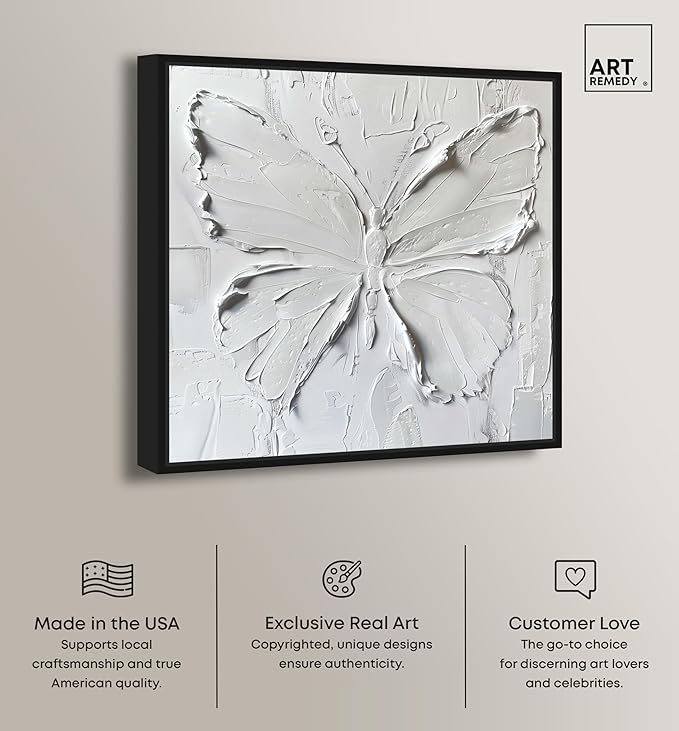 Art Remedy White Butterfly Canvas Elegant White Gold Wall Art, Black Frame, 40" x 40"