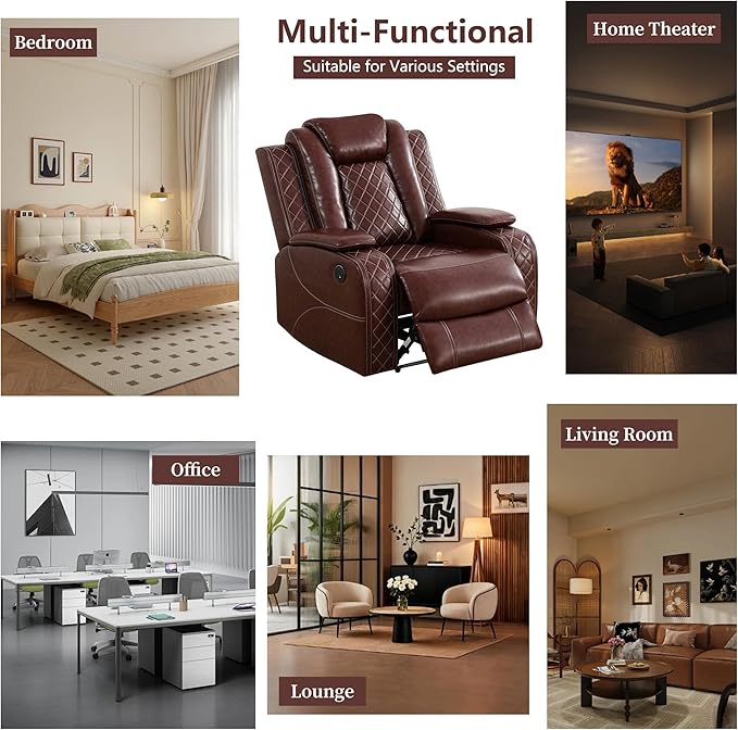 Power Recliner Sofa Set, Breathing Leather Reclining Couch Set, 3 Piece Living Room Furniture Set with LED Lights/Charging Ports/Storage for Home/Office (Auburn, Sofa+Loveseat+Chair)