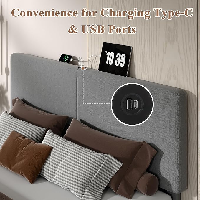 VECELO Twin Bed Frame with Type-C & USB Ports,Upholstered Platform Height-Adjustable Cotton and Linen Headboard,No Box Spring Needed, Noise-Free, Easy Assembly, Dark Grey