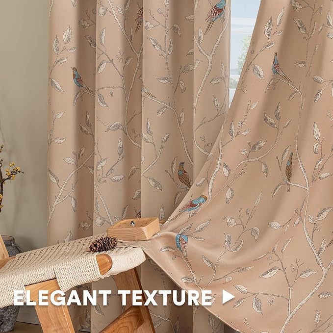 H.VERSAILTEX Blackout Curtains for Bedroom 96 Inches Length Thermal Insulated Birds Rustic Printed Curtain Drapes for Living Room Energy Efficient Room Darkening Home Decoration Pair 2 Panels, Taupe