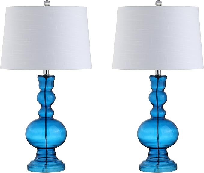 JONATHAN Y 28.5" Night Blue Glass Table Lamp Set of 2 for Living Room Bedroom Decor, Modern Bedside Lamps with White Linen Shade, LED Bulbs Included (JYL1061C-SET2)