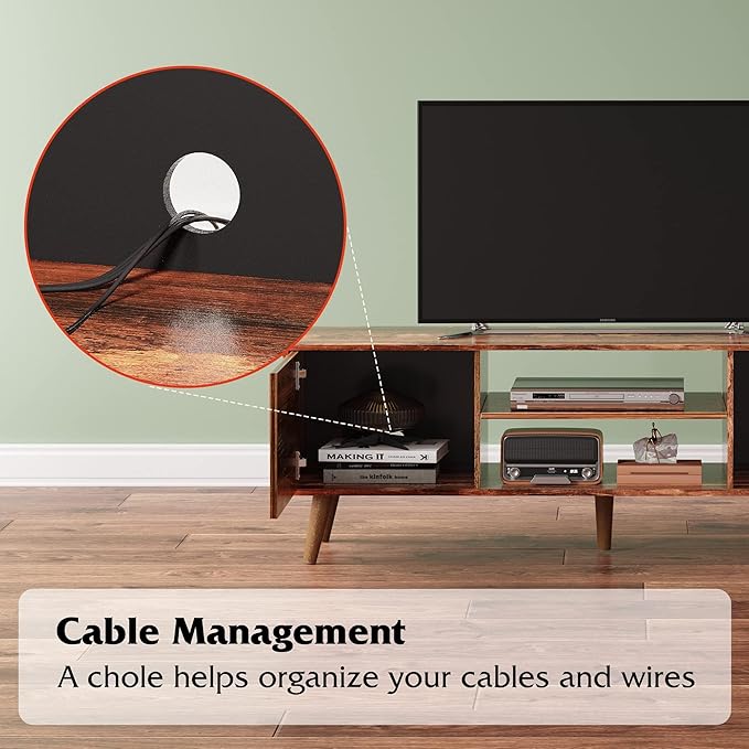 WLIVE Mid-Century Modern TV Stand for 55/60 Inch TV, Entertainment Center with Storage & Adjustable Shelves, Media Console with Soft-Close Cabinets for Living Room/Bedroom, Retro Brown