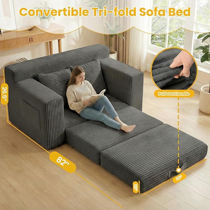Boneless Couch,Boneless Loveseat Sleeper Sofa Bed – 3-in-1 Convertible Couch Bed with Side Pockets & Handle,Pull Out Corduroy Futon for Small Space,Living Room & Bedroom,2 Pillows Included,No Assembly