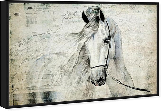 Country Farmhouse Canvas Print Painting Animal Wall Art 'Southern White Horse' Black Framed Canvas Rustic Home Décor 15x10 in Gray, Brown by Oliver Gal