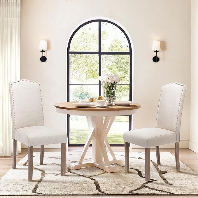 Upholstered Dining Chair Modern Stylish Parsons Kitchen Diner High Back with Silver Nailhead Trim & Wood Legs, Set of 6, Fabric Beige