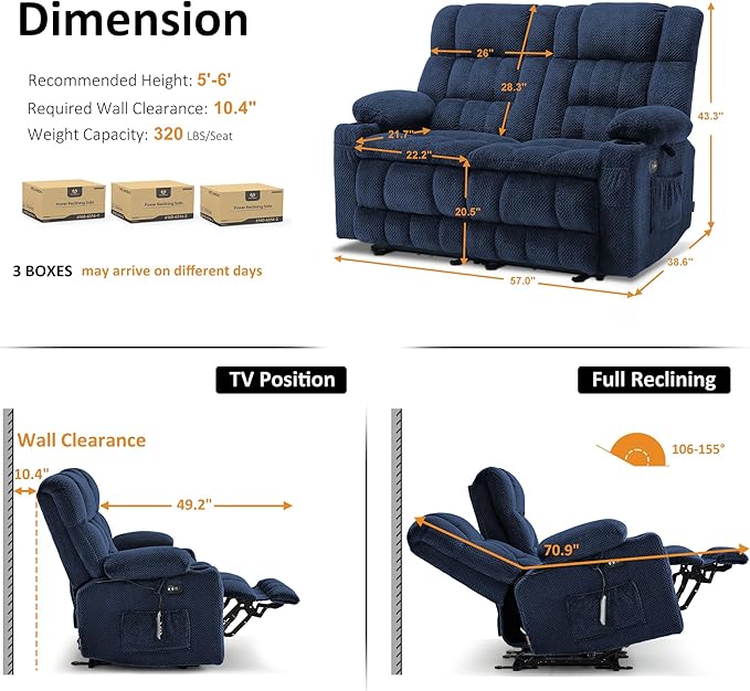 MCombo 57" Reclining Loveseat with Heat and Massage, Zero Gravity Recliner Loveseat Sofa with Dual USB Charging Ports for Living Room, Fabric 6314 (Navy Blue)