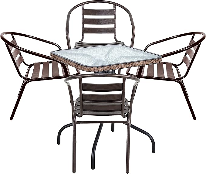 BTEXPERT Indoor Outdoor 28" Tempered Glass Trim Restaurant Aluminum Slat Stack Lightweight, 4 Metal Chairs with a Square Rattan Table, Bronze/Brown