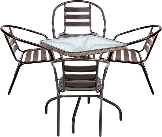 BTEXPERT Indoor Outdoor 28" Tempered Glass Trim Restaurant Aluminum Slat Stack Lightweight, 4 Metal Chairs with a Square Rattan Table, Bronze/Brown