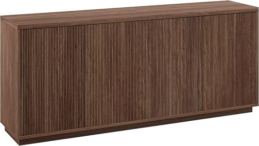 Henn&Hart 68'' Fluted Sideboard Buffet Cabinet, Ribbed Modern Wooden Credenza with 4 Doors, Adjustable Shelves, and Cable Management Cut-Outs for Dining Room, Kitchen, or Living Room, Satin Walnut