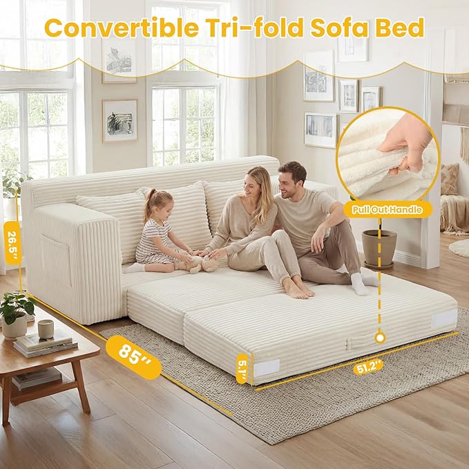 Boneless Couch,3 Seater Boneless Couch Bed – 3-in-1 Convertible Sleeper Sofa with Side Pockets & Handle,Pull Out Corduroy Futon for Small Space,Living Room & Bedroom, 3 Pillows Included,No Assembly