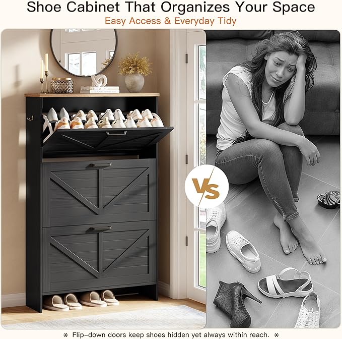 Nicetree Barn Door Shoe Cabinet for Entryway - Modern Farmhouse Shoe Storage Cabinet with 3 Flip Drawers - Slim Hidden Shoe Organizer for 24-32 Pairs - Fits Size 12 Work Boots