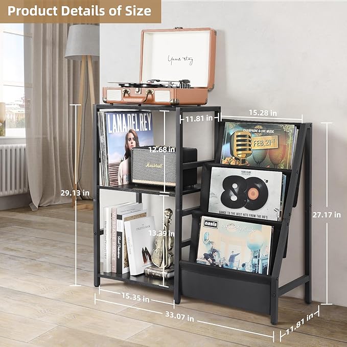 Bikoney Record Player Stand, Turntable Stand with 3-Tier Vinyl Record Storage, Record Player Table Up to 200 Albums, End Table for Records, Vinyl Record Holder