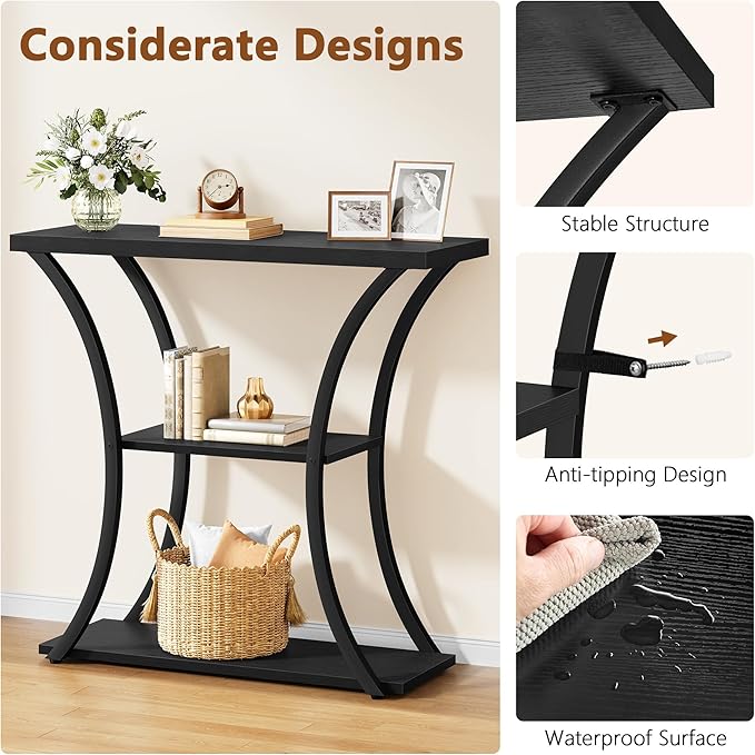 Hoctieon 3 Tier Console Table with Open Wood Shelves, Decorative Entryway Table with Curved Metal Frames, Narrow Sofa Table for Entrance, Living Room, Hallway, Black