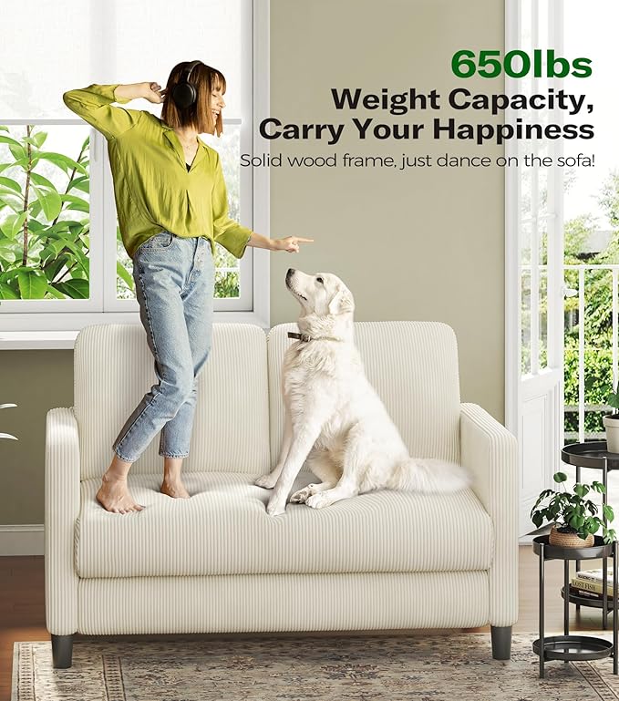 Welzona Loveseat Sofa, 51" Love Seat, Comfy Corduroy Small Loveseat for Small Spaces, Tool-Free Setup Couch for Bedroom, All-Wood Couches for Living Room, No Pillow Included, Beige