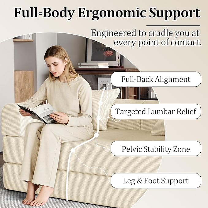 59'' Convertible Compressed Corduroy Folding Cloud Sofa Bed, Modern Boneless Pull Out Loveseat Sleeper in a Box, 4 in 1 Floor Mattress Futon Cloud Couch, No Assembly Needed, Beige, 2 Pillows, Queen