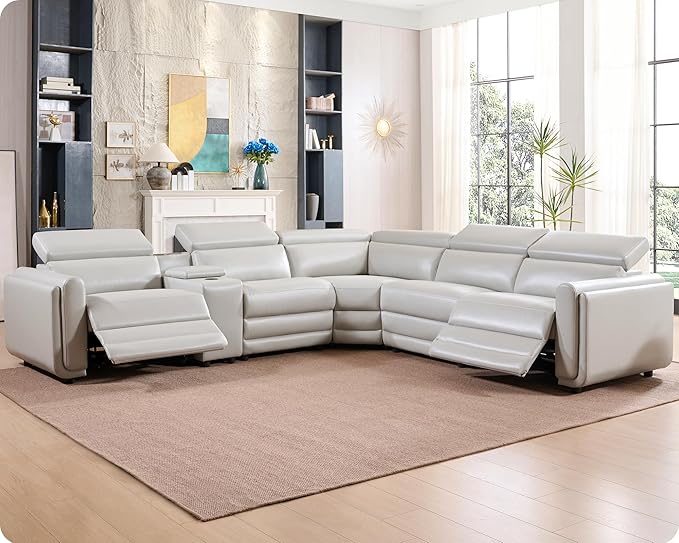 AMERLIFE Power Recliner Sofa, 129 Inch Oversized Reclining Sofa with Console & Speaker, 5 Seats L Shaped Sectional Couch for Living Room, Light Grey Leather