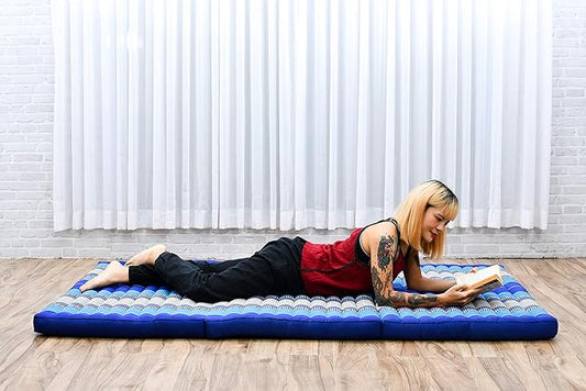 Leewadee Trifold Mattress XL – Comfortable Thai Massage Pad, Foldable Relaxation Floor Mattress Filled with Kapok, Perfect to Use as a Sleeping Mat 79 x 39 inches, Blue