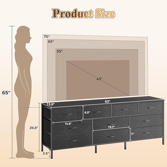 Huuger 63 Inch Dresser for Bedroom, Long Dresser with 10 Fabric Drawers, TV Stand for 55, 65, 70 Inch TV, Toy Storage Organizer for Closet, Black