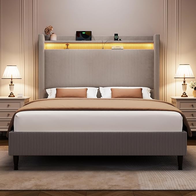 Queen Bed Frame with Tall Headboard, 55.3" Upholstered Platform Bed with LED Lights & Charging Station, Elegant Corduroy Bedframe, 2-tier Storage Wingback Headboard, No Box Spring Needed, Gray Brown