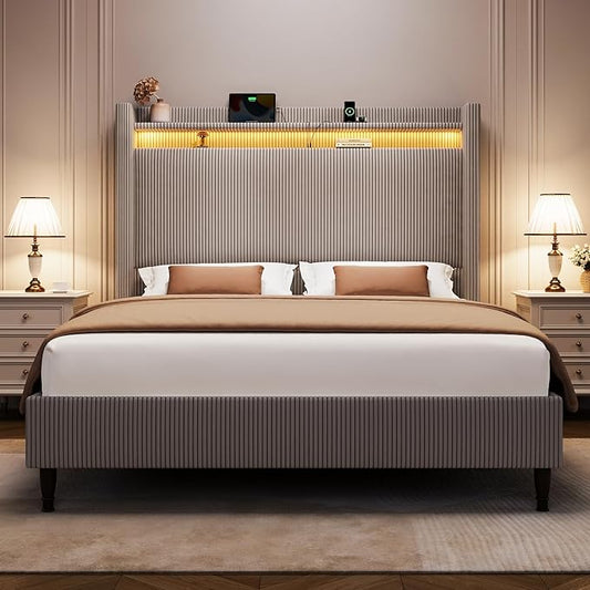 Queen Bed Frame with Tall Headboard, 55.3" Upholstered Platform Bed with LED Lights & Charging Station, Elegant Corduroy Bedframe, 2-tier Storage Wingback Headboard, No Box Spring Needed, Gray Brown