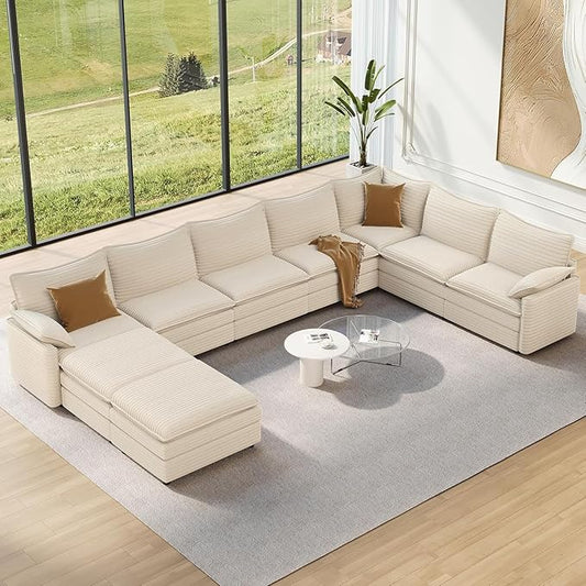 Vesgantti 142" Cloud Couch Sectional Modular Sofa, Comfy Sectional Couch with Ottoman Deep Seat Chenille L Shaped Sofa, Modular Couches for Living Room, Bedroom and Apartment, Snow White | Sink-in Comfort, Height Adjustable, Easy Rearrangement, Extra-d...