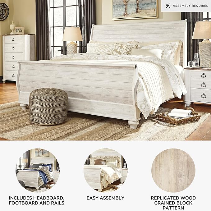 Signature Design by Ashley Willowton Coastal Sleigh Bed, Foundation or Box Spring Needed, King, Beige