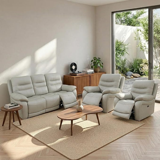 Power Reclining Sofa with 2 Chairs, Genuine Leather Recliner Couch Set, Light Grey Recliners Set, 3 Pieces Top Grain Leather Furniture with USB Port for Living Room, Apartment