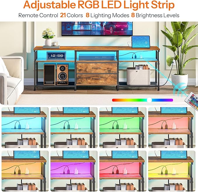 HOOBRO TV Stand with Power Outlet and LED Light, Entertainment Center for TVs Up to 75 Inch, Modern Media Console Table with 2 Non-Woven Drawers, for Living Room, Bedroom, Rustic Brown BF55UDDS01