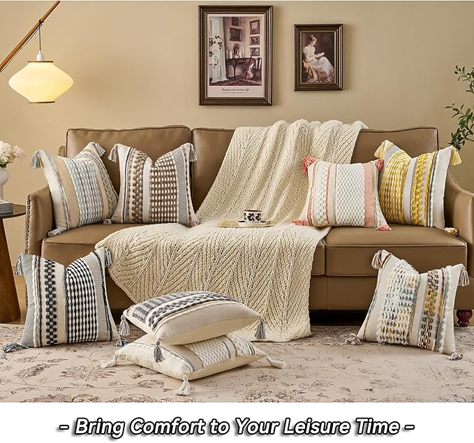 AmHoo Set of 2 Chenille Striped Textured Boho Throw Pillow Covers Aesthetic with Tassels Woven Decorative Pillow Case for Couch Bed Sofa Bedroom Modern Funky 18 x 18-Inch White